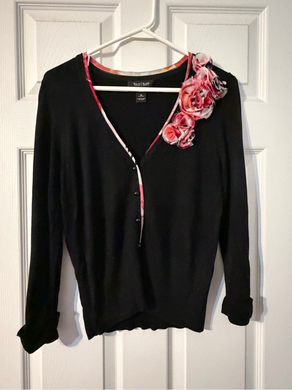 WHBM Black Floral Cardigan
Sweater with
Embellished Silk Roses Size
M
